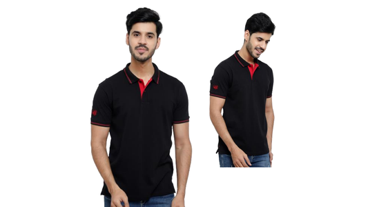 Cotton Polo T-Shirt - Black with Red Tipping - FMITS0030