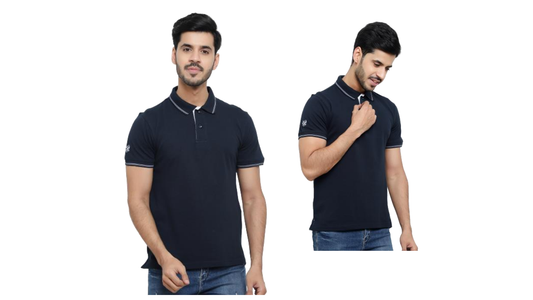 Cotton Polo T-Shirt - Navy Blue with White Tipping - FMITS0050